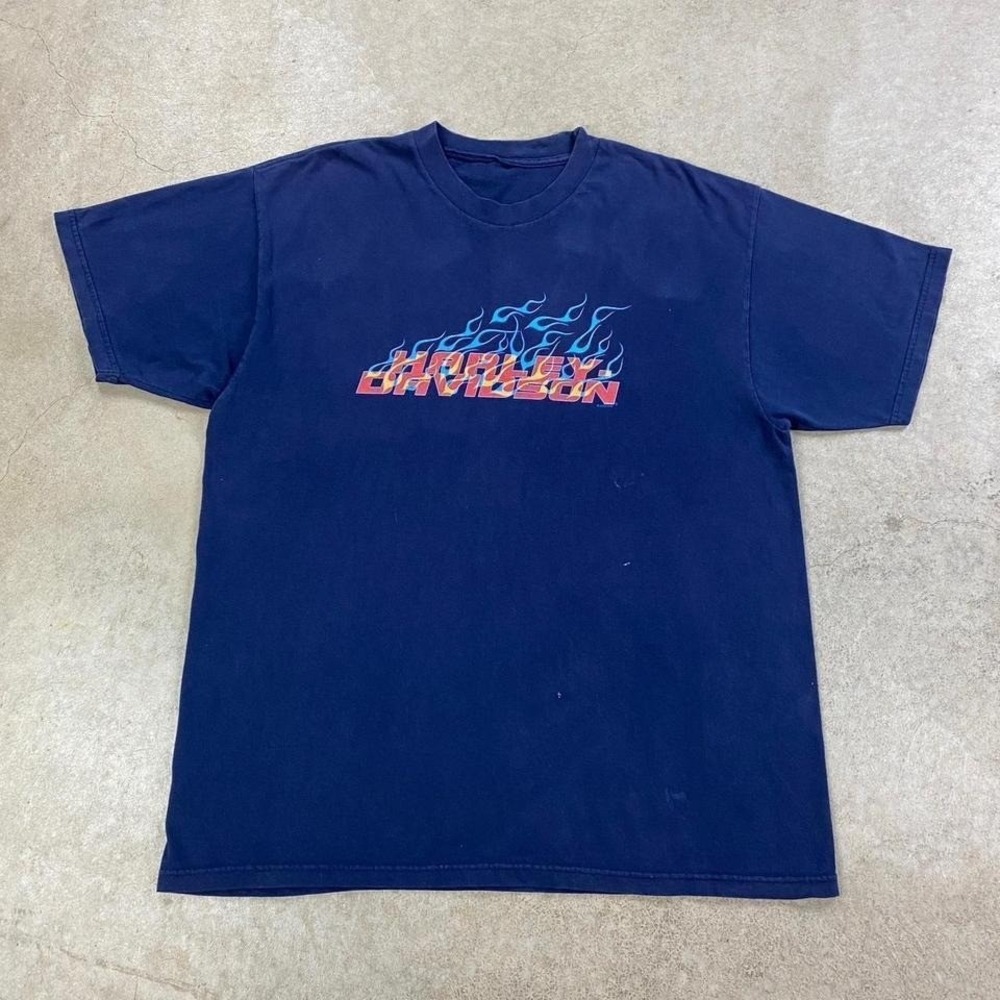 Vintage Harley Davidson Flames Shirt Size XL Navy Blue Fremont MI Biker Motor
